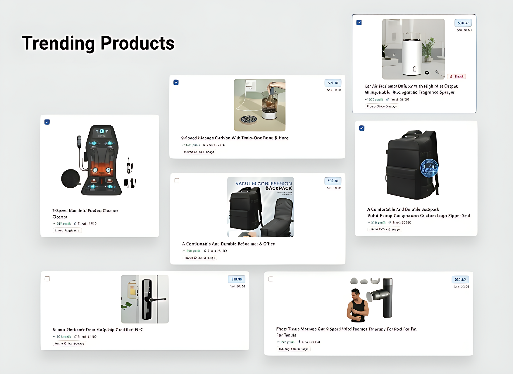 Trending products grid showing viral items and profit potential